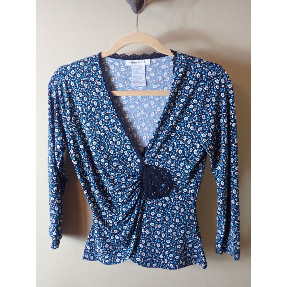 Nine West Top Y2K Blue Ditsy Floral Mesh V Neck Cinch Lace Blouse M Vintage
